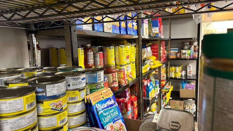 Food is pictured on shelves at the temporary St. George & Area Foodbank location at the Masonic Lodge in St. George, N.B. (CTV/Avery MacRae)