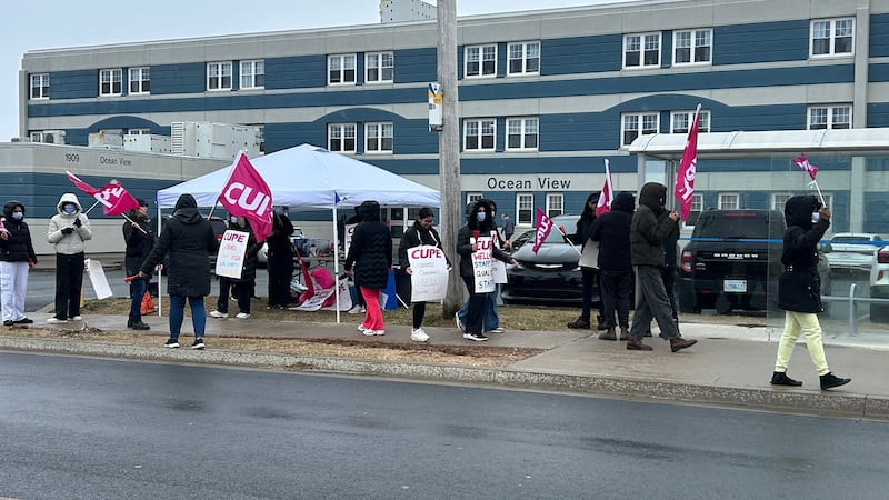 Striking long-term care workers are seen outside Ocean View Continuing Care Centre in Eastern Passage, N.S., on April 13, 2026. (Jonathan MacInnis/CTV News Atlantic)