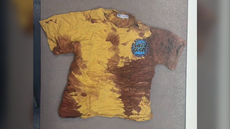 This T-shirt worn by one of the victims was entered into evidence at a murder trial in Saint John, N.B. (Court exhibit: New Brunswick Court of King's Bench)