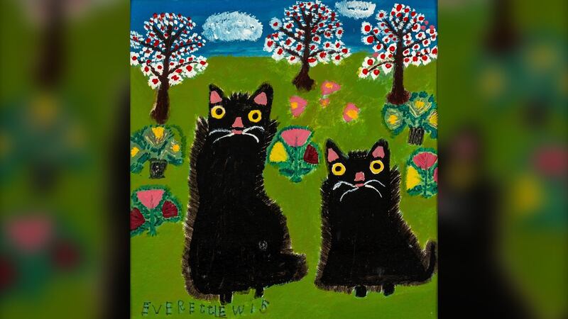 The Everett Lewis oil painting Two Black Cats (1972) sold for $18,400. (Jones Auction House)