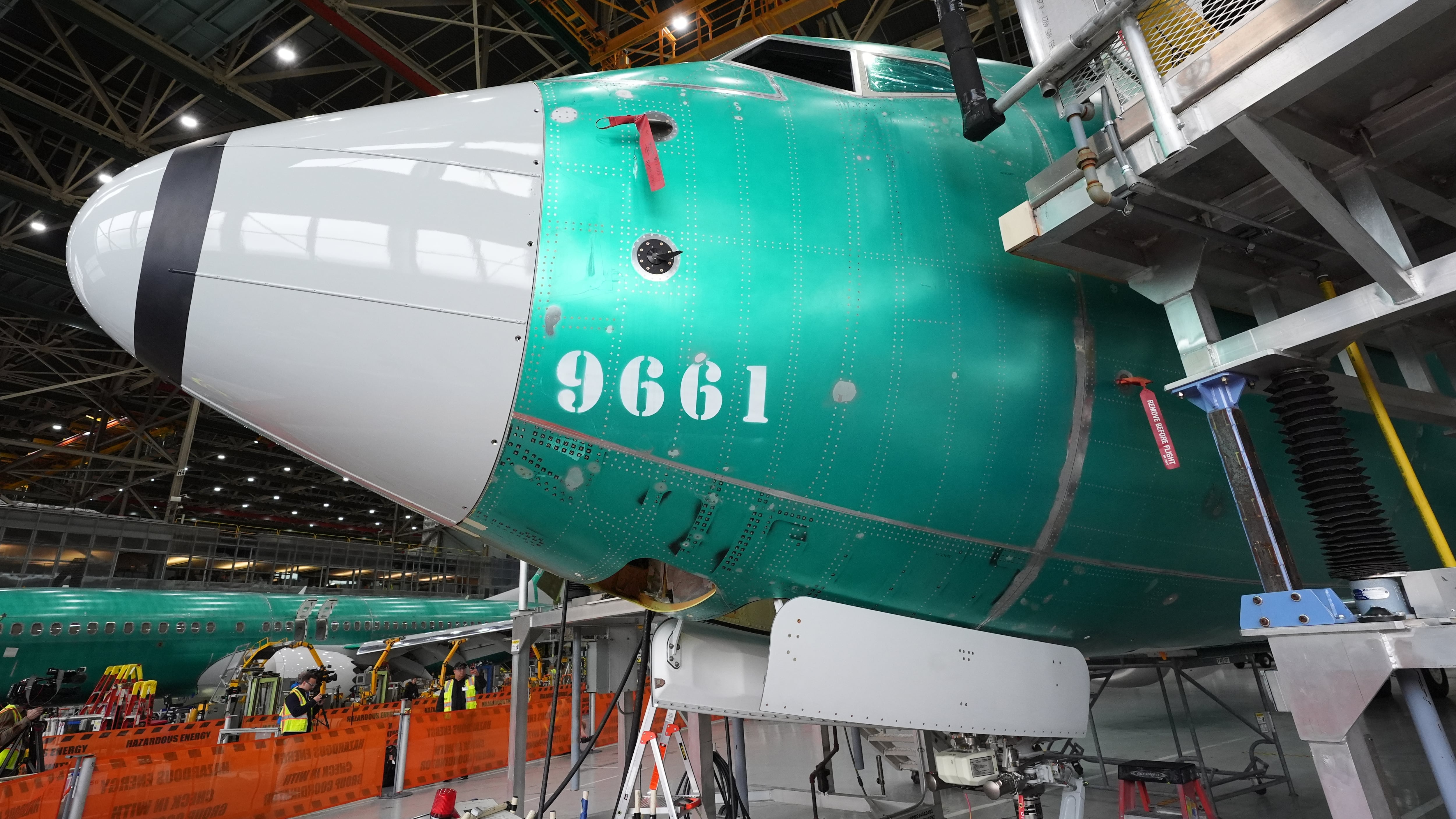 The nose of a Boeing 737 Max airplane on the final assembly line is seen during a media tour at Boeing's factory in Renton, Wash., on April 15, 2026. (Lindsey Wasson / AP Photo)