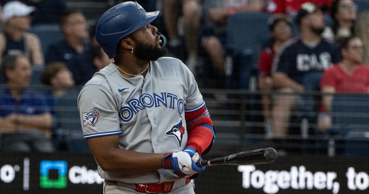 Toronto Blue Jays' Vladimir Guerrero Jr. watches his three-run home run off Cleveland Guardians starting pitcher Joey Cantillo during the second inning of a baseball game, Wednesday, Sep. 2, 2026, in Cleveland. (AP Photo/Phil Long)