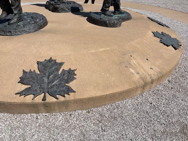 It appears a bronze maple leaf has been stolen from a memorial dedicated to three Mounties killed in Moncton, N.B., on June 4, 2014. (Derek Haggett/CTV News Atlantic)