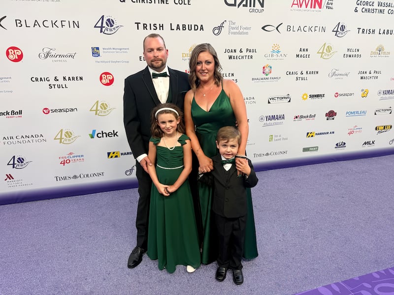 Heather and Steve Lazeski attend the David Foster Foundation’s 40th anniversary gala in Victoria on Friday, Aug. 7, 2026. Lazeski’s son James has received two heart transplants, and the family has received support from the foundation throughout his transplant journey.
