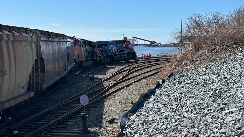 A derailed CN train is seen in Saint John, N.B., on April 27, 2026. (Avery MacRae/CTV News Atlantic)