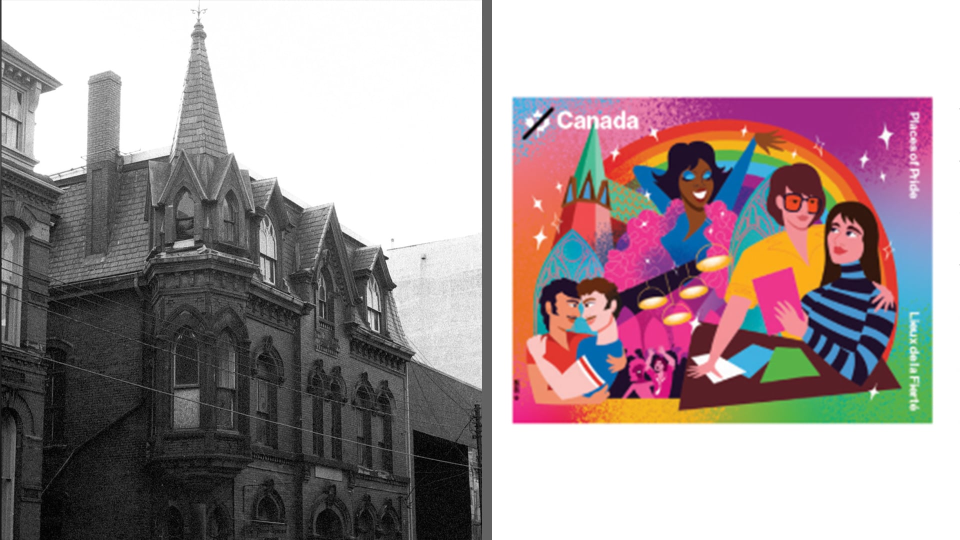 The Turret building is pictured from Barrington Street along with Canada Post's new commemorative stamp.