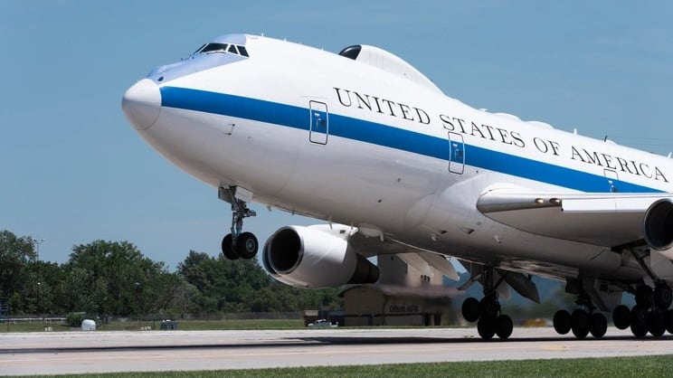 A U.S. Air Force E-4B National Airborne Operations Center aircraft takes off from Offutt Air Force Base, Nebraska, July 10, 2019. (U.S. Air Force photo by Staff Sgt. Jacob Skovo)
