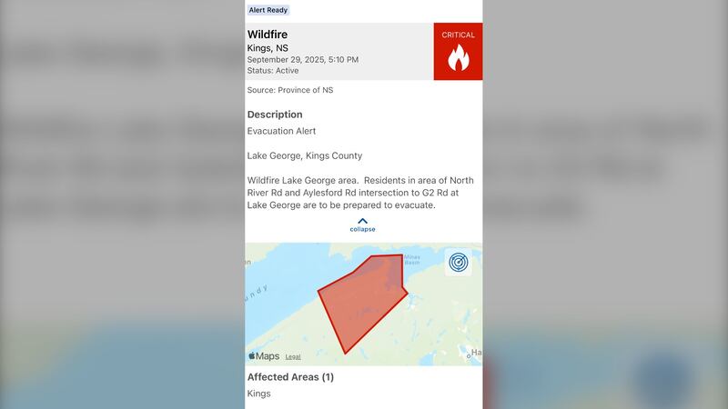 An evacuation alert was issued by the Nova Scotia government on Sept. 29, 2025 due to an out-of-control wildfire in the Lake George area of Nova Scotia’s Kings County.
