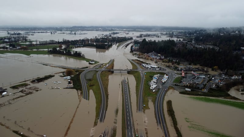 Aerial image of floodwaters in Abbotsford, B.C., on Dec. 12, 2025. (CTV News)
