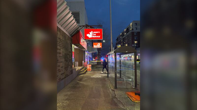 The sidewalk outside of the Superstore on Quinpool Road in Halifax near the site where a police officer shot a suspect on January 17, 2026 is pictured. (Jesse Thomas, CTV Atlantic)