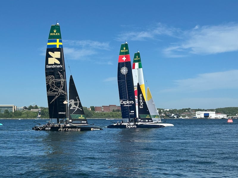 F-50 catamarans are pictured in the Halifax harbour ahead of the Canada Sail Grand Prix. (CTV Atlantic / Jonathan MacInnis)