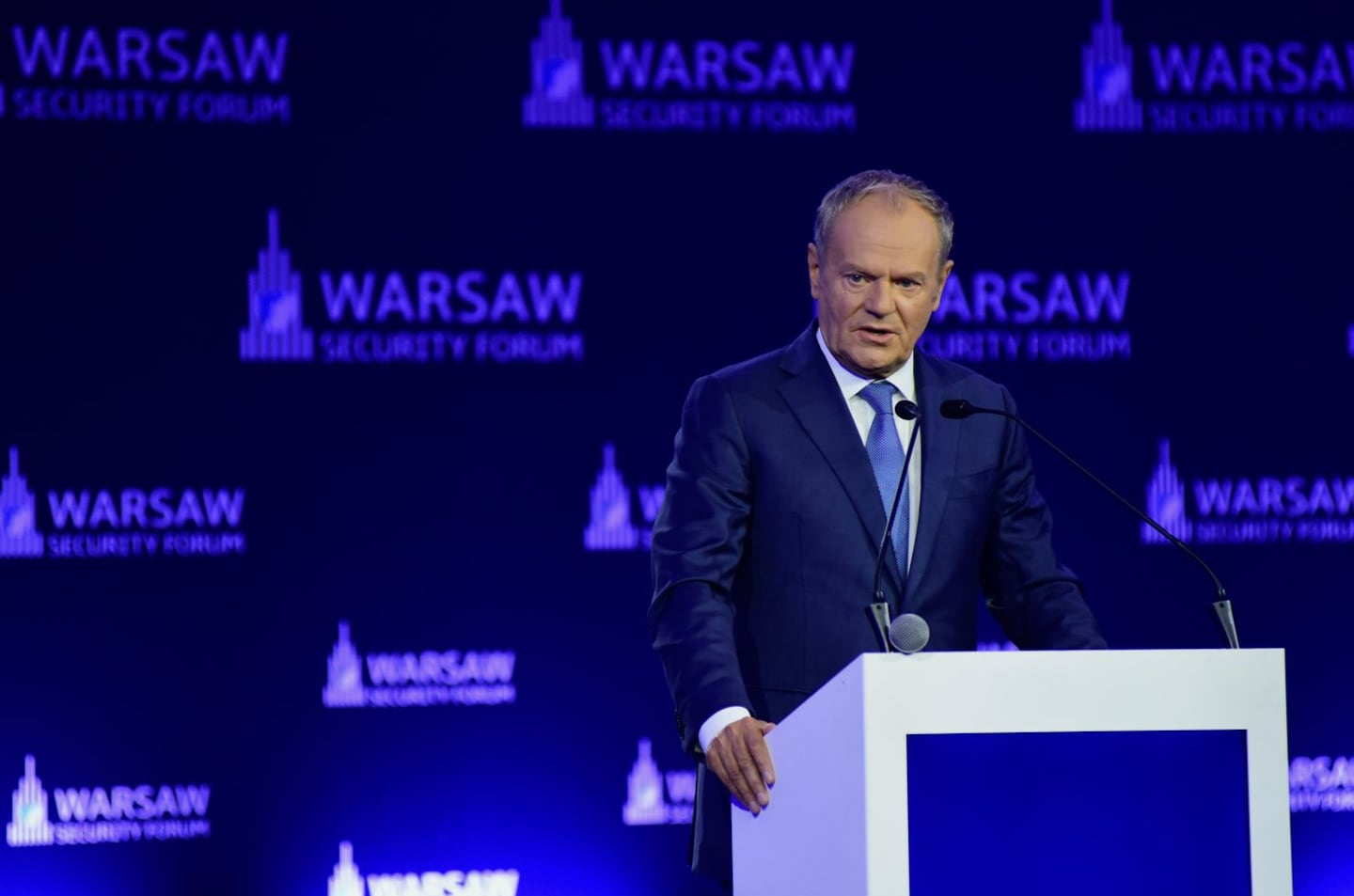 Polish Prime Minister Donald Tusk speaks at the Warsaw Security Forum in Warsaw, Poland, Monday, Oct. 12, 2026