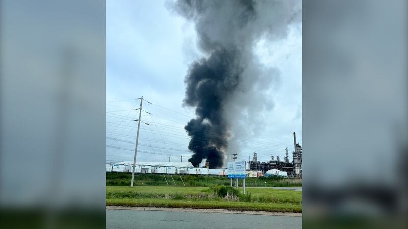 A large cloud of black smoke is seen at the Irving Oil Refinery on June 30, 2025.