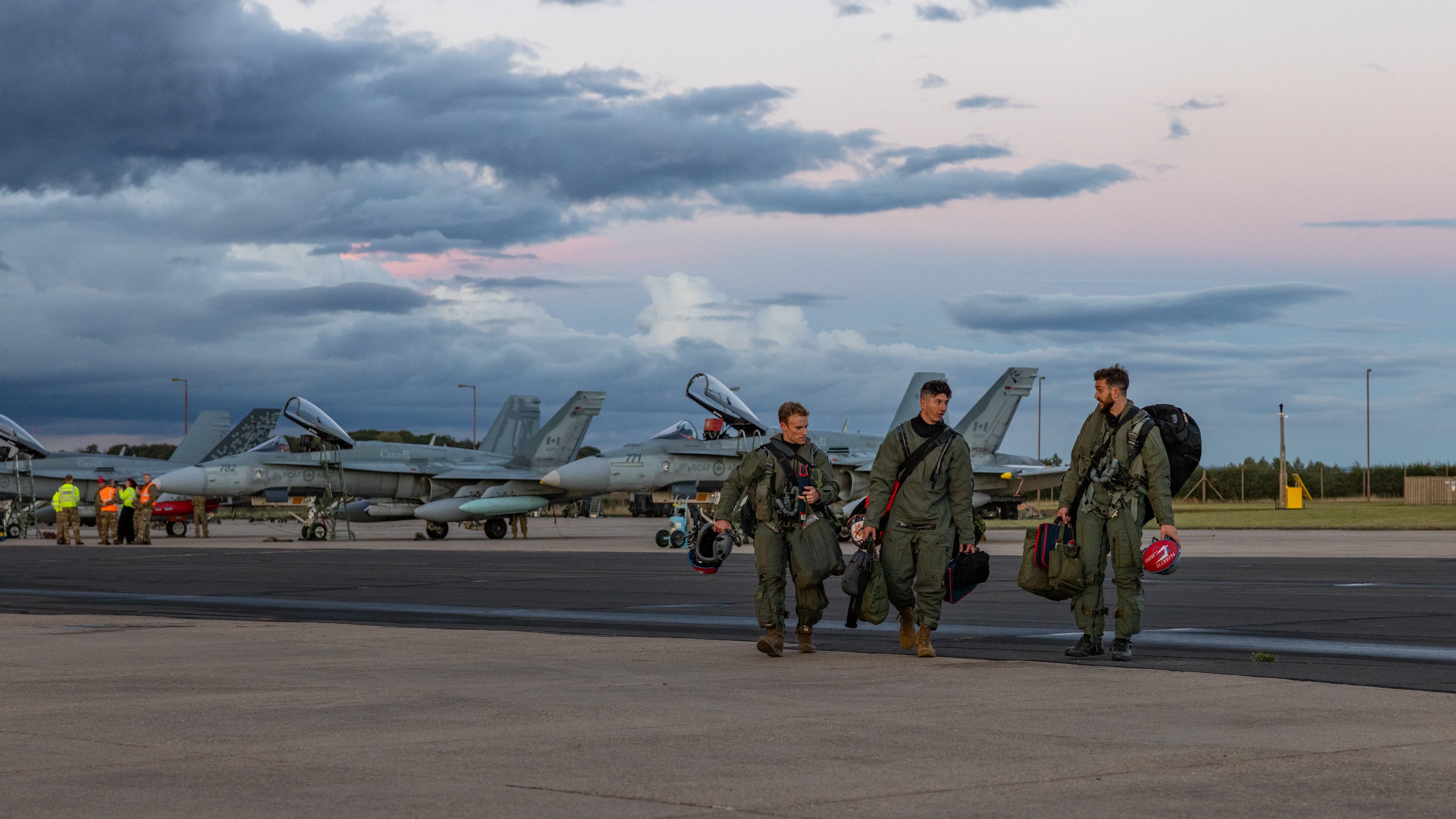 Royal Canadian Air Force CF-18s arrive at RAF Waddington in the U.K as part of exercise Cobra Warrior on Sept. 3, 2025.