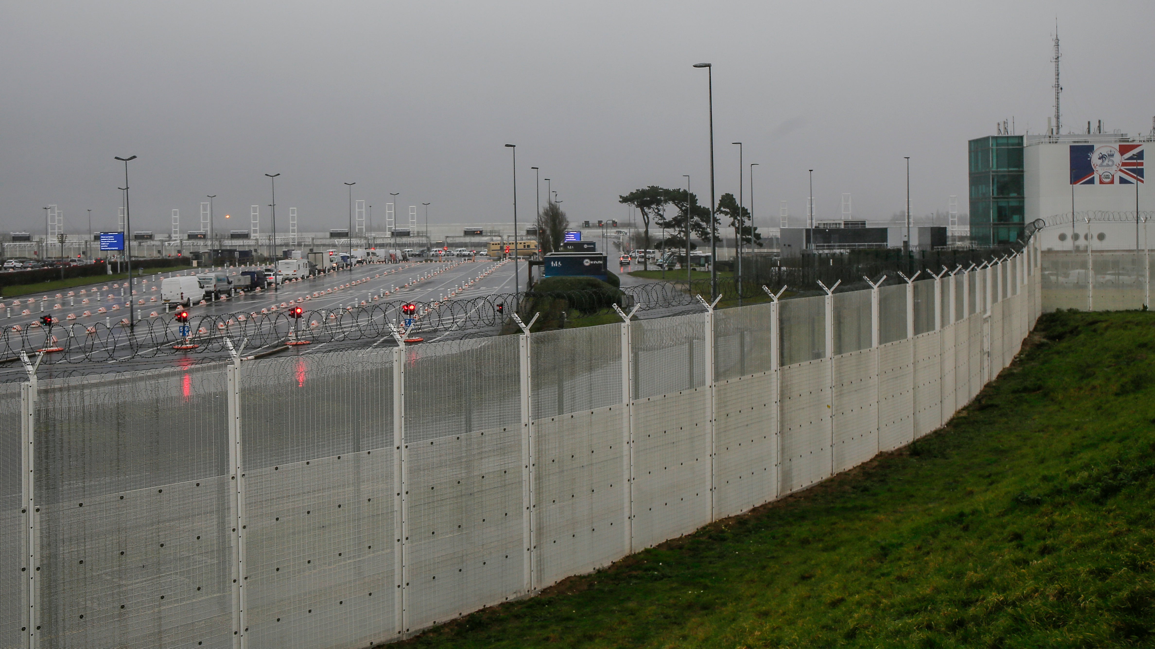 Some cars line up at the terminal of the Channel tunnel in Calais in northern France on Dec. 21, 2020. (Michel Spingler / AP Photo)