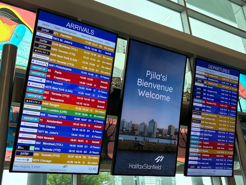 The flights board at the Halifax Stanfield International Airport shows all WestJet flights as cancelled. (CTV/Callum Smith)