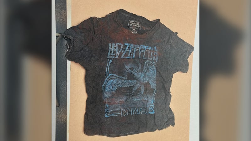 This T-shirt worn by one of the victims was entered into evidence at a murder trial in Saint John, N.B. (Court exhibit: New Brunswick Court of King's Bench)