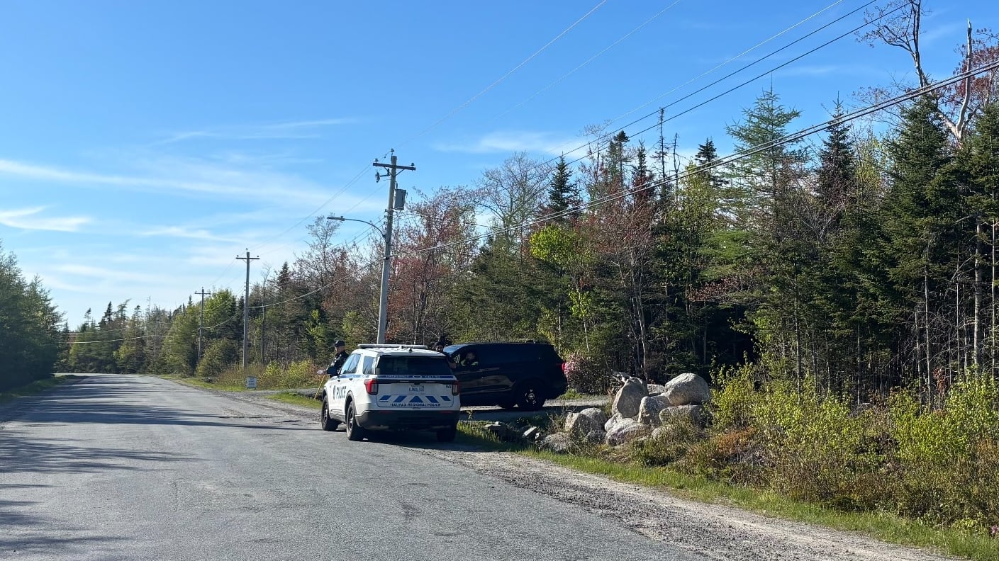 Halifax police officers are pictured outside their vehicle close to where police said a newborn's remains were found in a wooded area off Old Coach Road. (Jesse Thomas/CTV Atlantic)