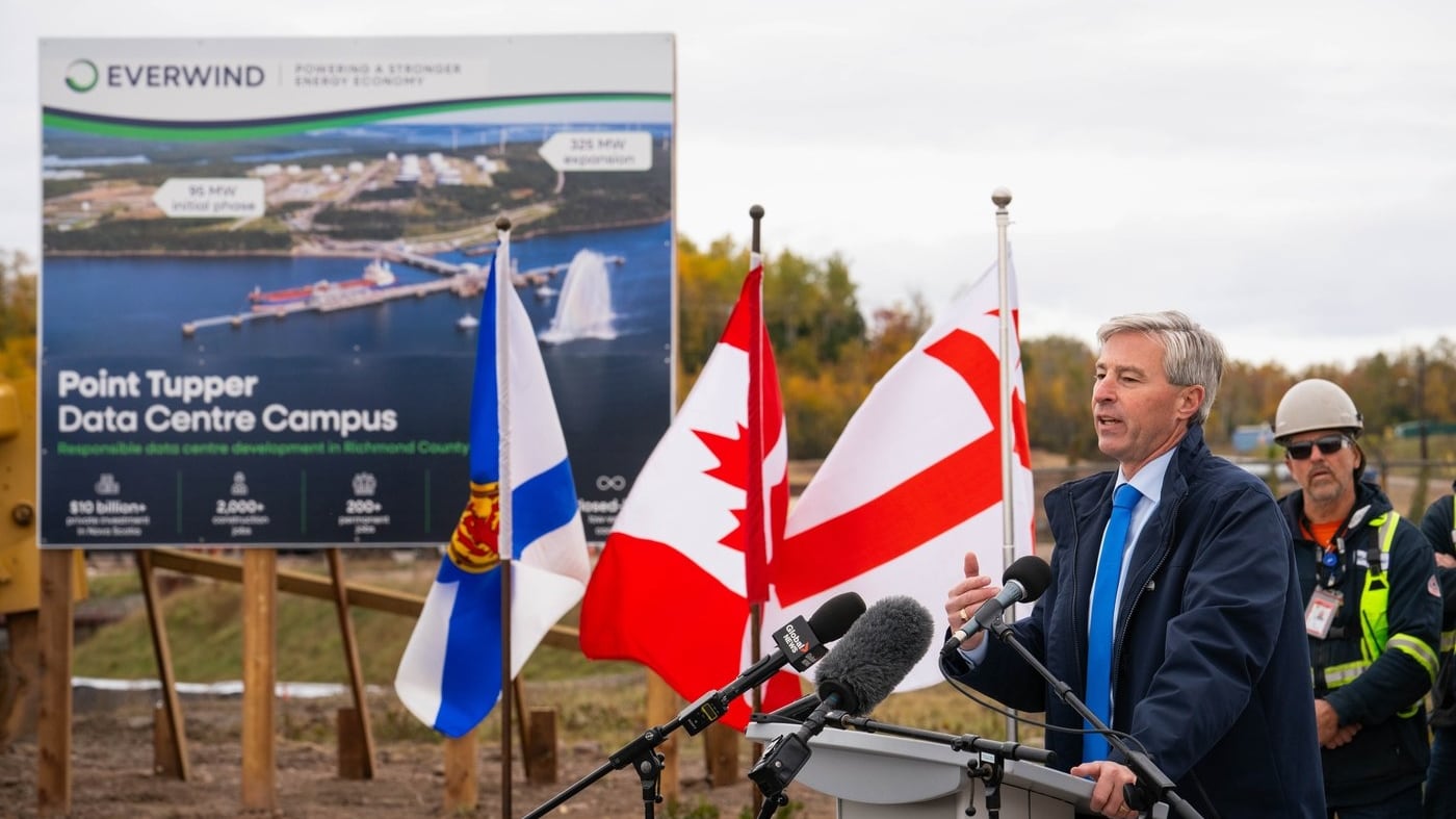 Nova Scotia Premier Tim Houston speaks during an AI data centre proposal announcement at EverWind Fuels in Point Tupper, N.S., on Friday, Oct. 16, 2026. THE CANADIAN PRESS/Steve Wadden