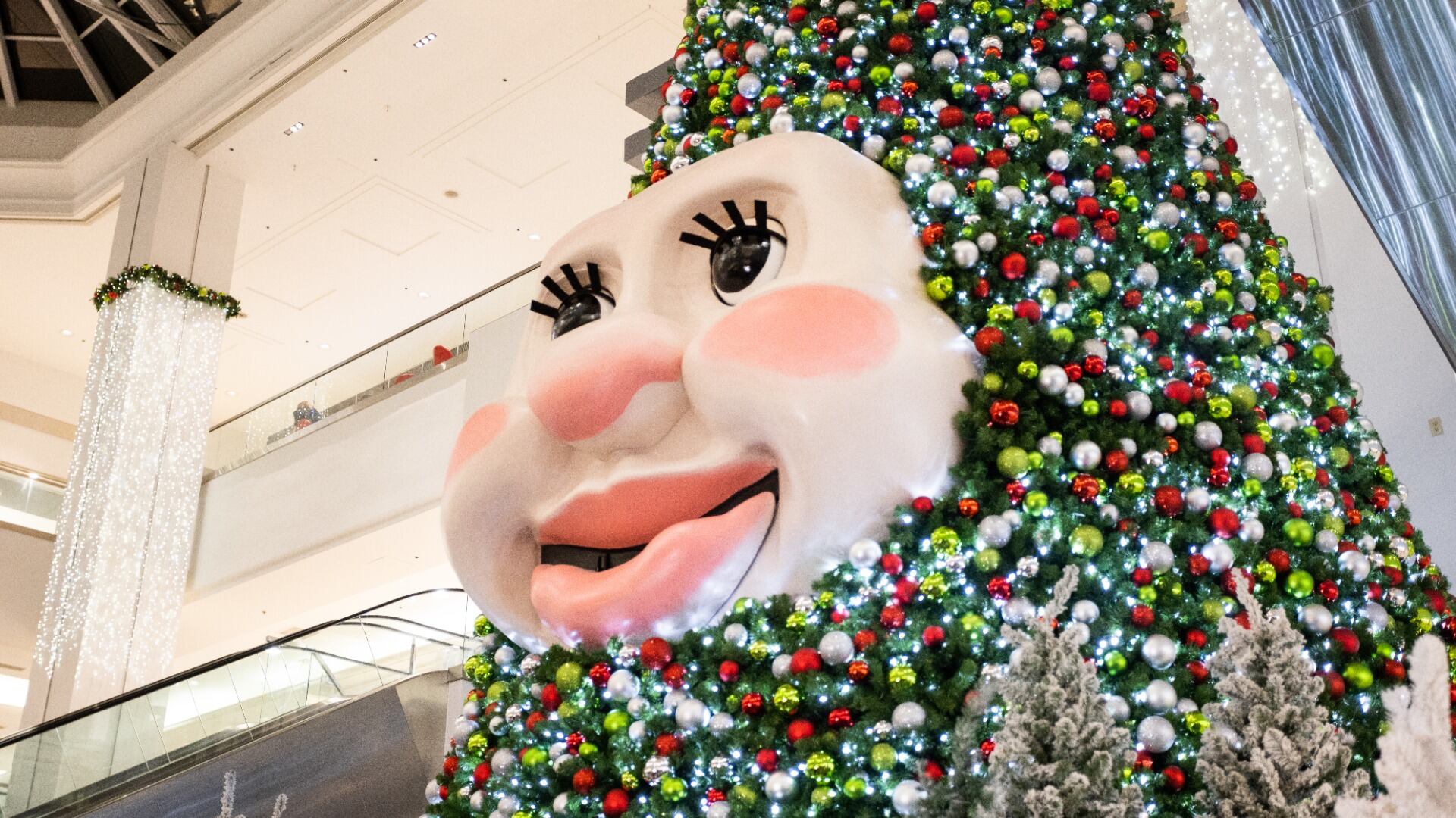 A giant Christmas tree with a face is pictured.