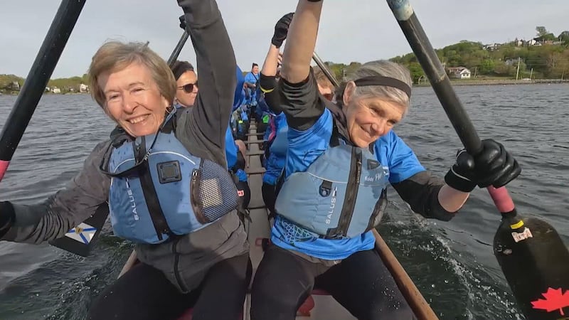 A group of Bosom Buddies are pictured paddling on Lake Banook in Dartmouth, N.S.