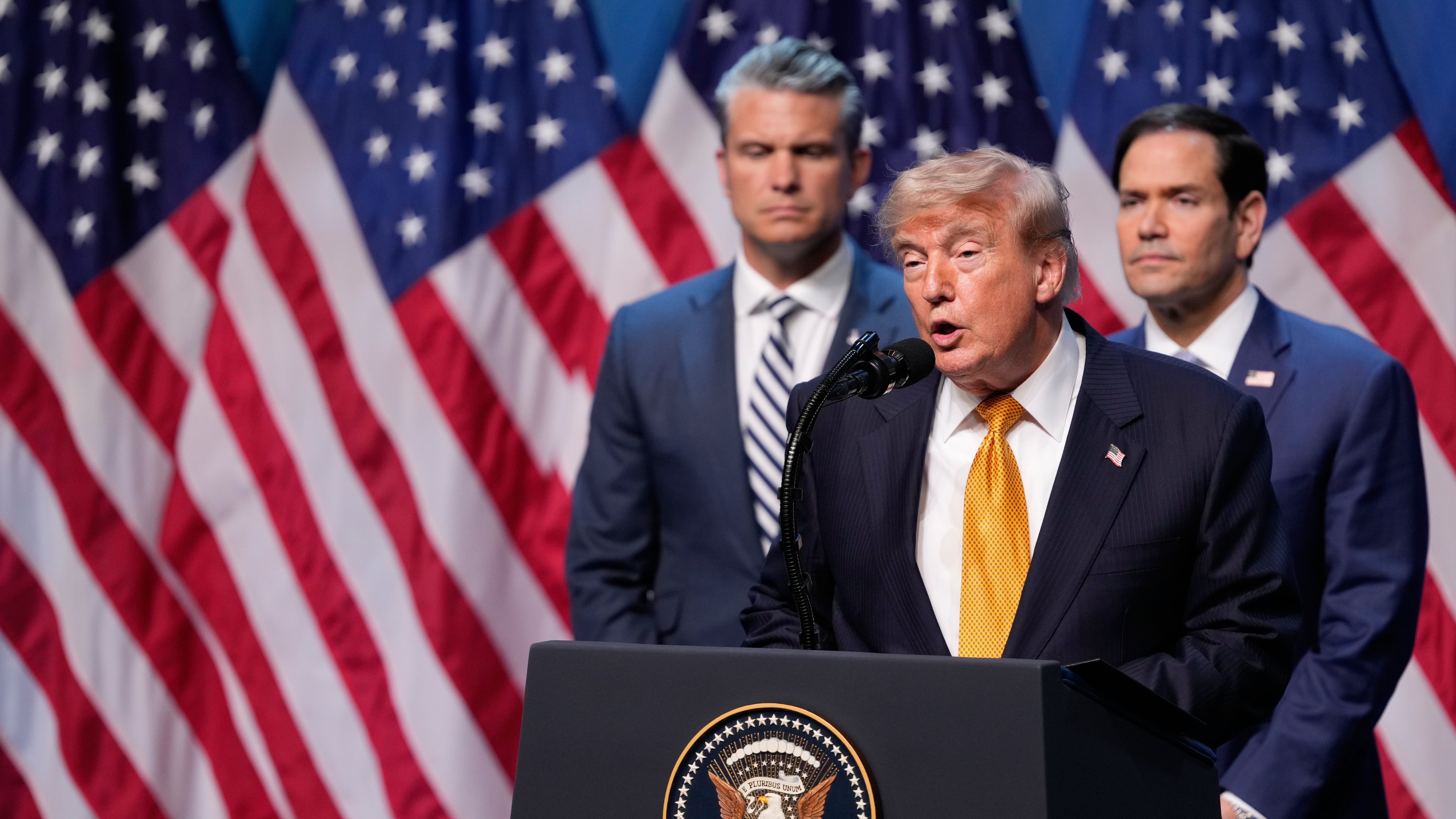 U.S. President Donald Trump speaks during a media conference, flanked by U.S. Defence Secretary Pete Hegseth and U.S. Secretary of State Marco Rubio, at the NATO summit in Ankara, Turkey on July 8, 2026. (Francisco Emrah Gurel / AP Photo)