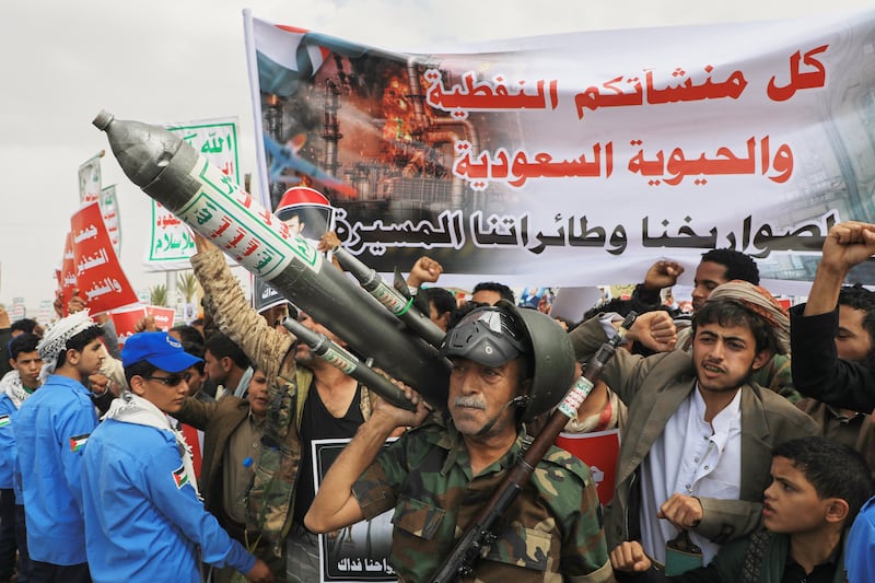 Houthi supporters hold a rally against the Saudi-led coalition in Sanaa, Yemen on July 17, 2026. (Osamah Abdulrahman / AP Photo)