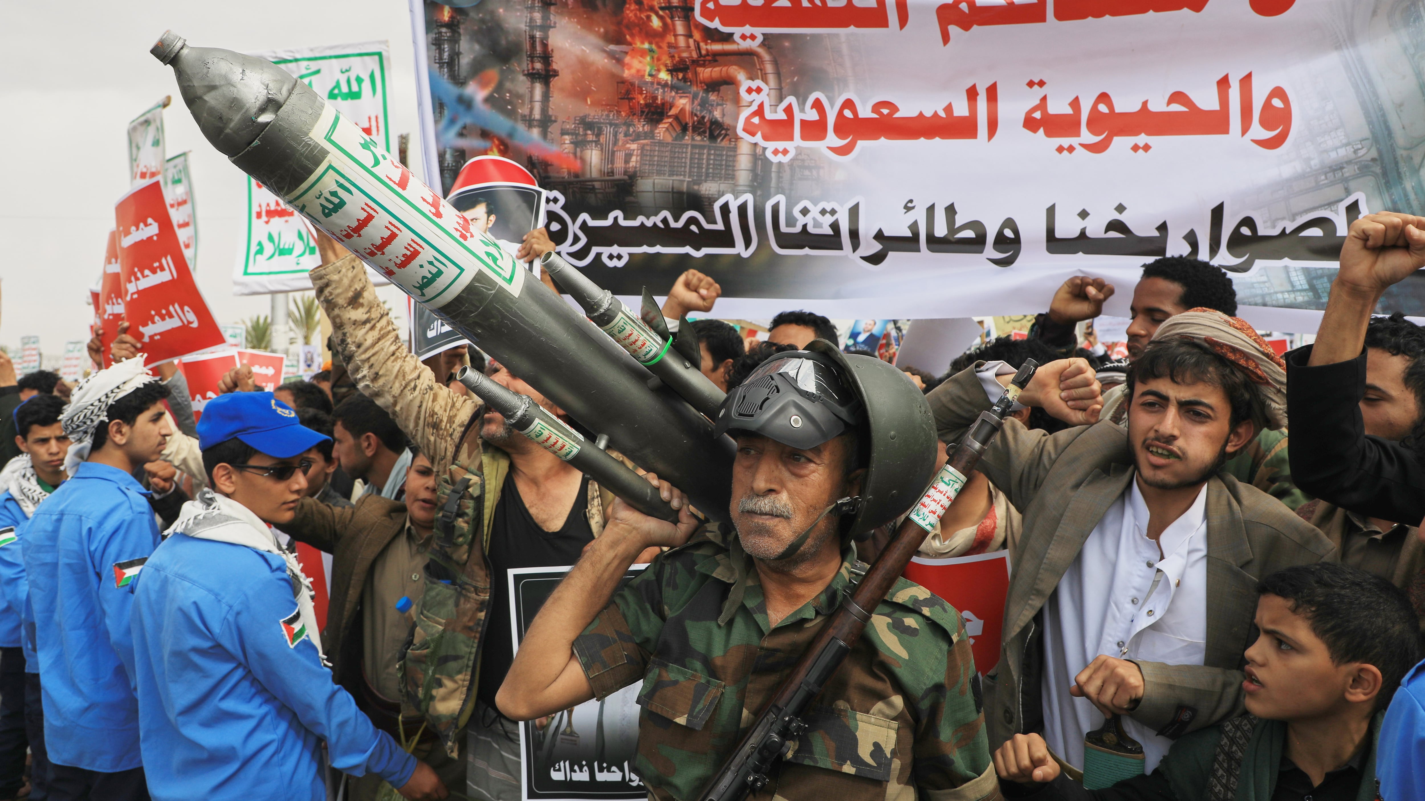 Houthi supporters hold a rally against the Saudi-led coalition in Sanaa, Yemen on July 17, 2026. (Osamah Abdulrahman / AP Photo)