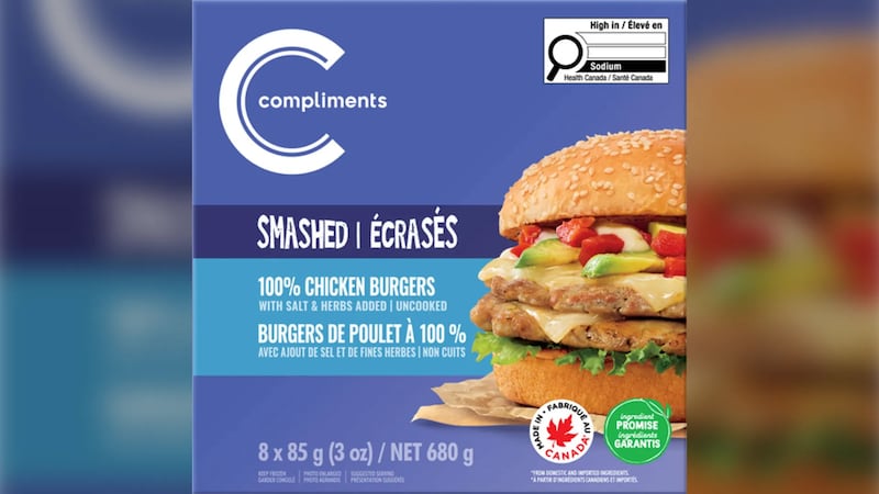 The 680-gram Compliments Smashed 100% Chicken Burgers package is being recalled in Canada.