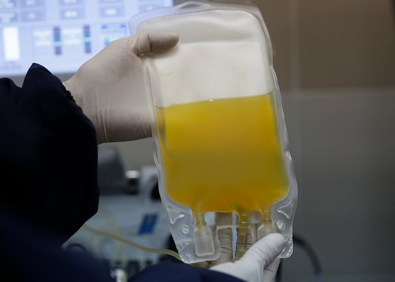 A doctor holds a bag of blood plasma donated at a blood bank in La Paz, Bolivia. (Juan Karita / AP Photo)