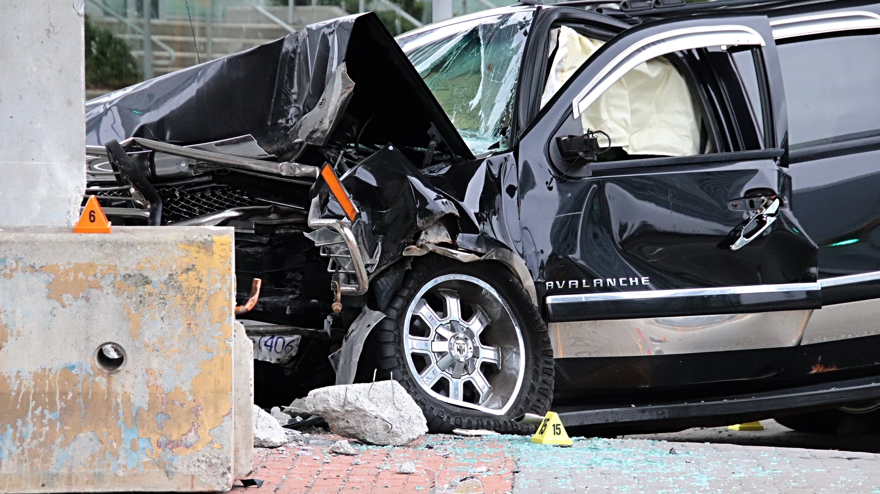 The pickup truck crashed into a concrete SkyTrain pillar on King George Boulevard on Sept. 7, 2026.