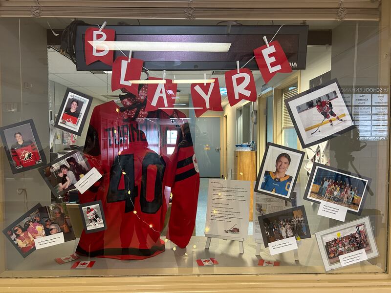 A display honouring Blayre Turnbull is seen at her former school, G.R. Saunders Elementary School, in Stellarton, N.S., on Feb. 19, 2026. (Emma Convey/CTV News Atlantic)