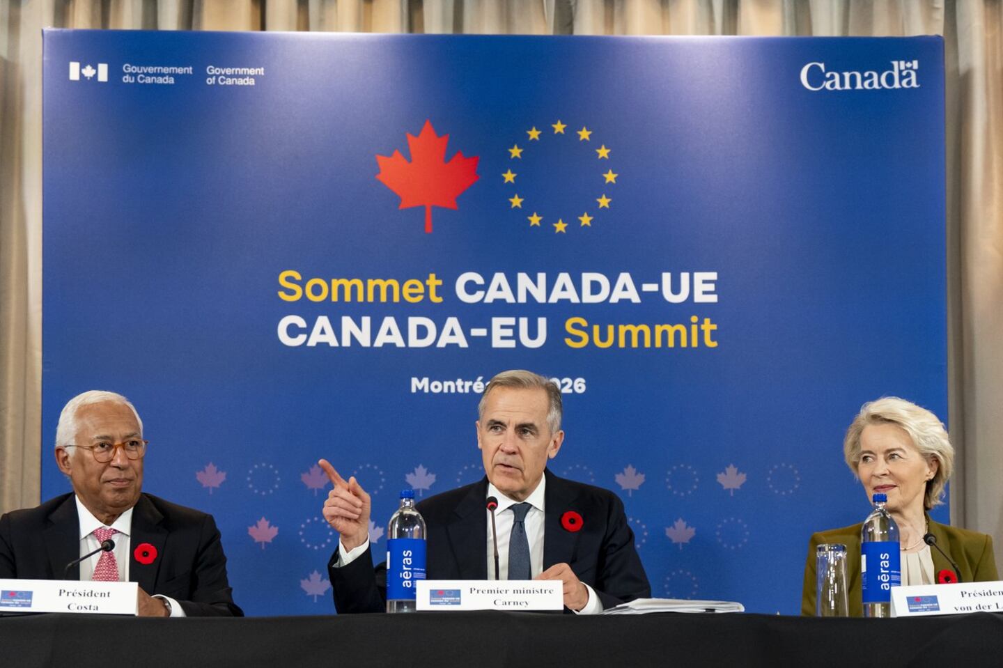 Prime Minister Mark Carney, centre, gives remarks alongside, President of the European Council, Antonio Costa, left, and President of the European Commission, Ursula von der Leyen, at a roundtable with business leaders during the Canada-EU Summit, in... Prime Minister Mark Carney, centre, gives remarks alongside, President of the European Council, Antonio Costa, left, and President of the European Commission, Ursula von der Leyen, at a roundtable with business leaders during the Canada-EU Summit