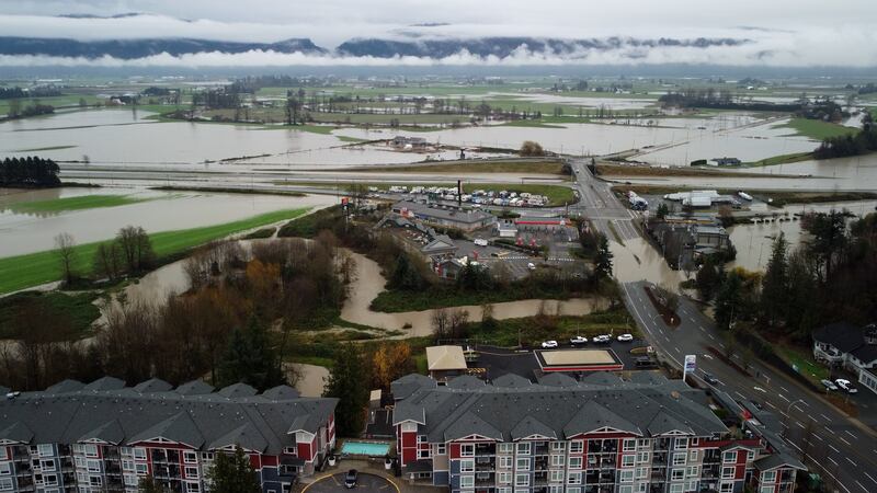 Aerial image of floodwaters in Abbotsford, B.C., on Dec. 12, 2025. (CTV News)