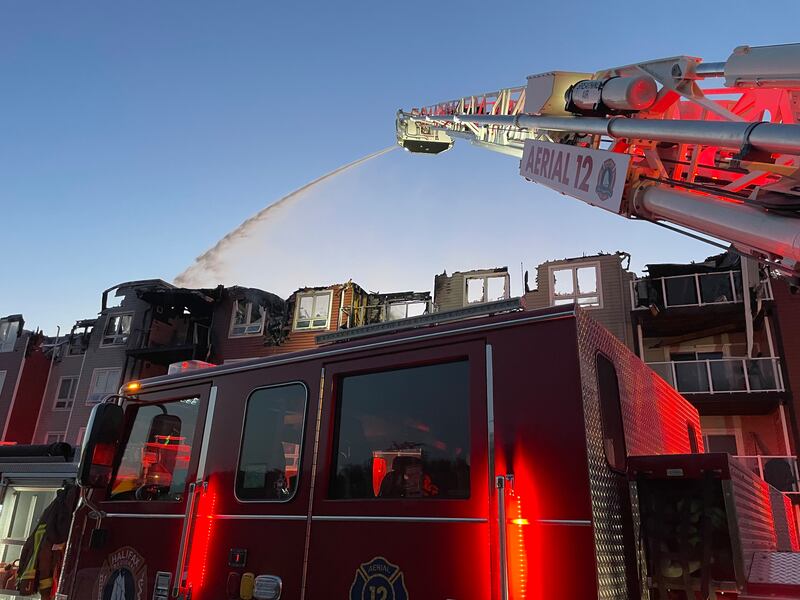 A fire truck is pictured at the scene of an apartment fire on Hanwell Drive in Middle Sackville, N.S. (Carl Pomeroy/CTV Atlantic)
