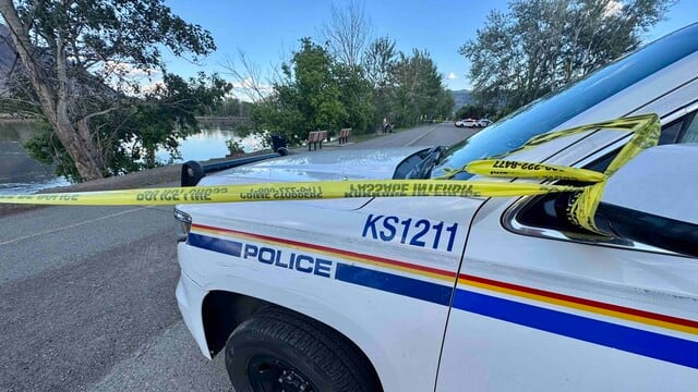 The Kamloops RCMP had Schubert Drive closed between Birch Avenue and Evans Avenue on Sunday, May 17, 2026, after a car crashed into the North Thompson River. (Castanet)