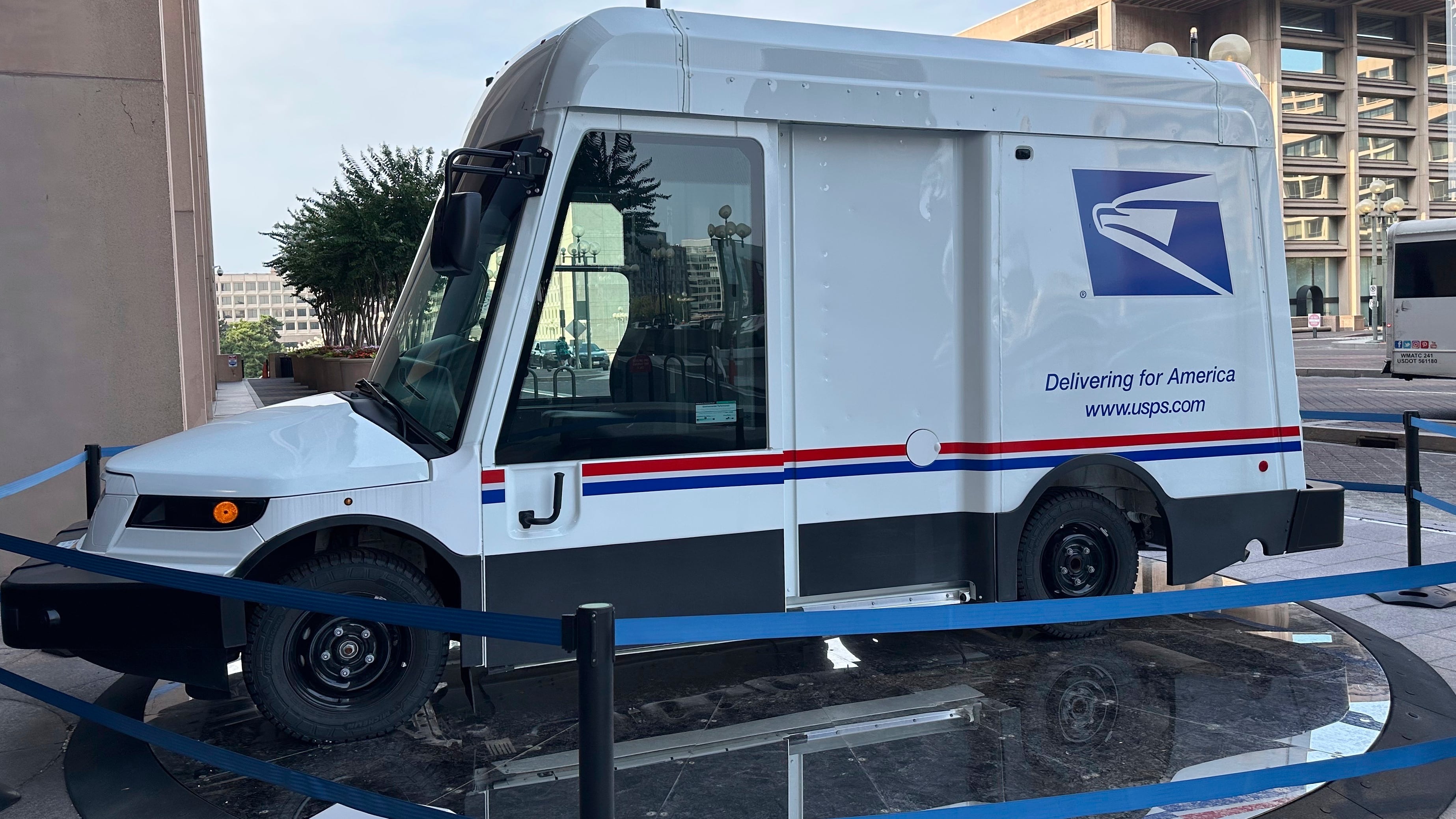 One of the U.S. Postal Service's zero-emission electric Next Generation Delivery Vehicles is displayed in front of the organization's headquarters in Washington on Aug. 7, 2025. (Susan Haigh / AP Photo)