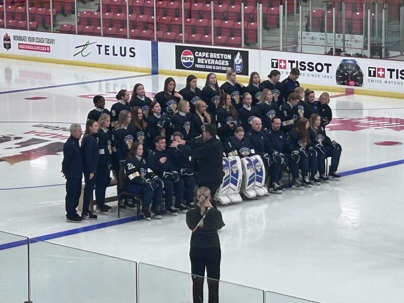 Team Finland is pictured at the Membertou Sport & Wellness Centre ahead of the IIHF U18 Women’s World Championship. (Ryan MacDonald/CTV Atlantic)