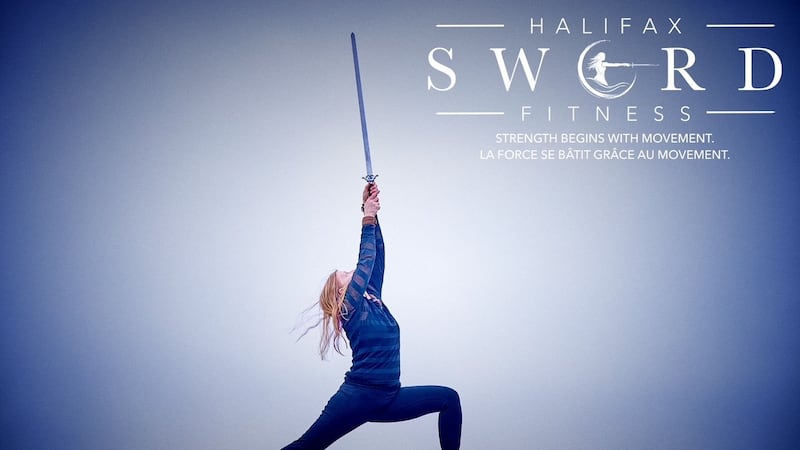 Julie Saint-Pierre with sword and logo