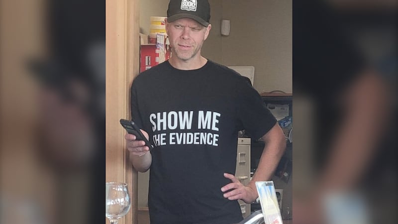 The “Show Me the Evidence” shirt is pictured at Sooke Brewing Company on Sept. 30, 2026.