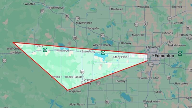 The Edmonton Police Service says Samuel Bird's remains were likely disposed of somewhere in the highlighted area. (Credit: Edmonton Police Service)
