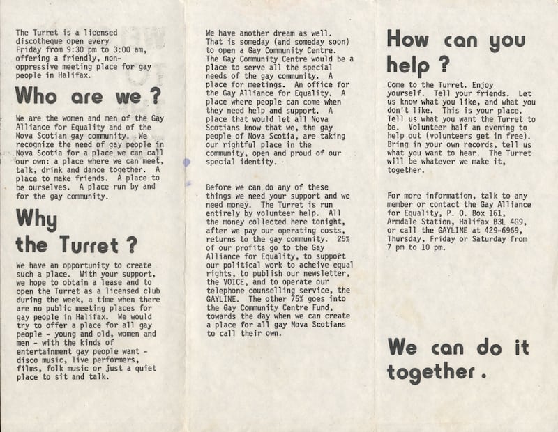A 'Welcome to The Turret' pamphlet distributed by GAE is pictured. (Courtesy of Robin Metcalfe)
