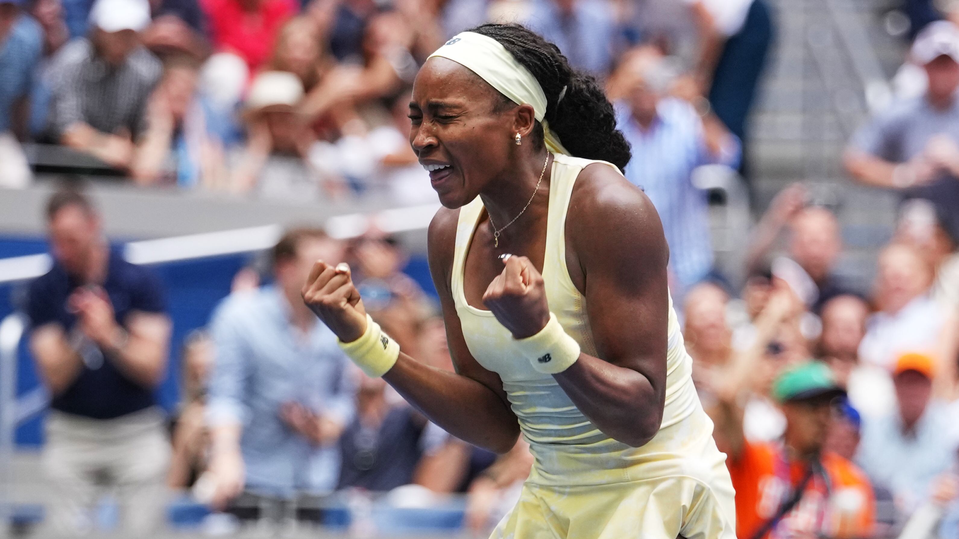Coco Gauff of the United States celebrates winning a match against Mirra Andreeva of Russia during the quarterfinal round of the U.S. Open tennis championships in New York on Sept. 9, 2026. (Kirsty Wigglesworth / AP Photo)