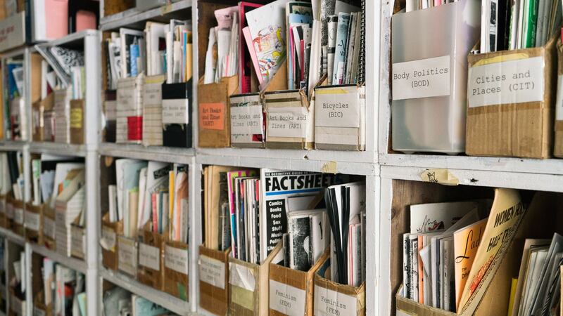 Shelves at the Anchor Archive Zine Library are pictured.