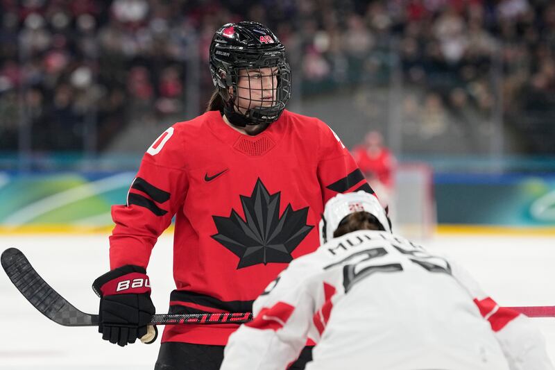 Canada's Blayre Turnbull (40) reacts during a women's ice hockey semifinal game between Canada and Switzerland at the 2026 Winter Olympics, in Milan, Italy, Monday, Feb. 16, 2026. (AP Photo/Hassan Ammar)