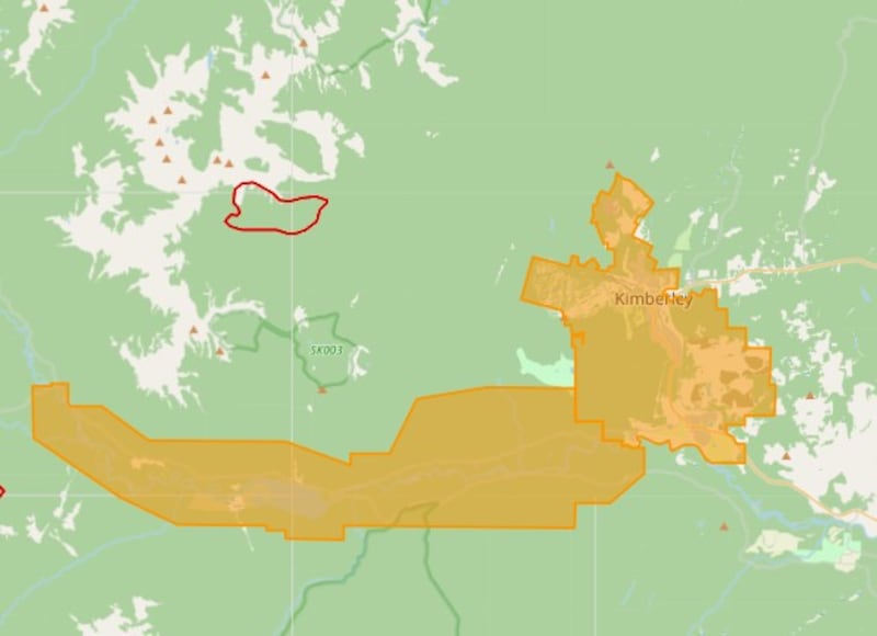 A pair of evacuation alerts have been issued for the areas shown in yellow. (BCWS)