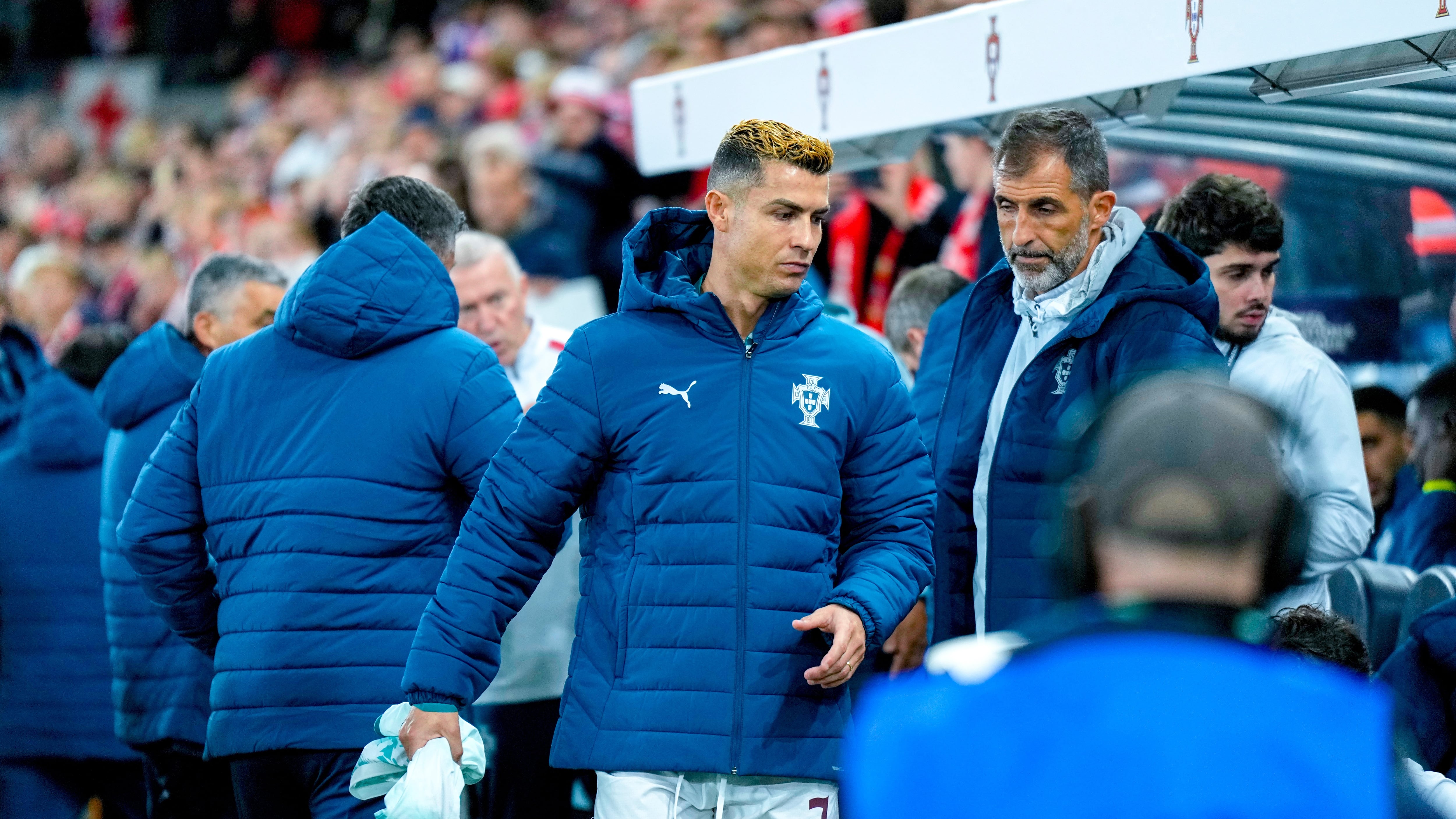 Portugal's Cristiano Ronaldo starts on the bench during a Nations League soccer match between between Norway and Portugal, in Oslo on Sept. 27, 2026. (Cornelius Poppe / NTB Scanpix via AP)