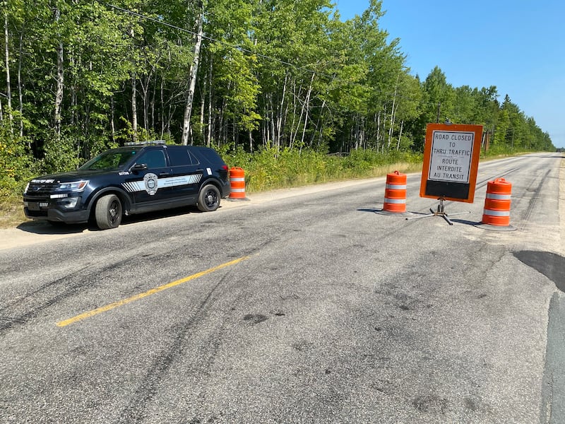 A road closed sign sits on Oldfield Road, in the Miramichi area of New Brunswick, on Aug. 11, 2025. (CTV Atlantic / Derek Haggett)