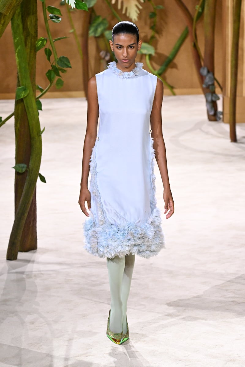 A model wears a creation as part of the Chanel Haute Couture Fall/Winter 2026-27 Women's collection presented in Paris on July 7, 2026. (Emma Da Silva / (AP Photo)