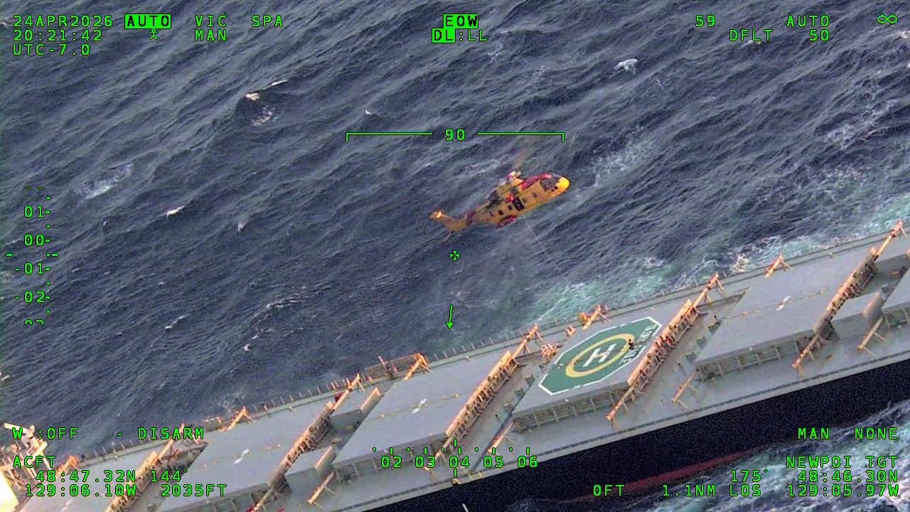 Military rescuers medevac cargo ship crewmember on April 24, 2026. (Handout)